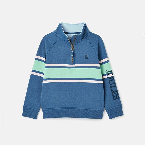 Joules Kids Navy Green Striped Finn Quarter Zip Sweatshirt