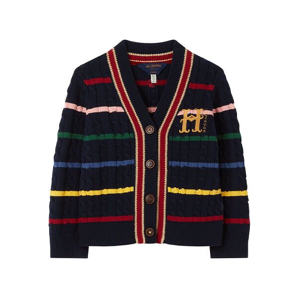Joules Kids Hogwarts Crest Navy Stripe Cable Knit Cardigan