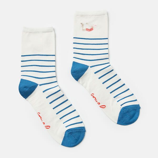 Joules Blue Stripe Excellent Everyday Embroidered Socks Size 4-8