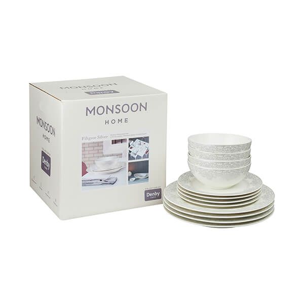 Denby Monsoon Filigree Silver 12 Piece Tableware Set