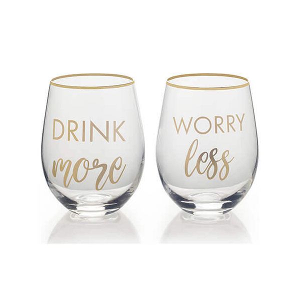 Mikasa Drink More Worry Less Set Of 2 Stemless Wine Glasses
