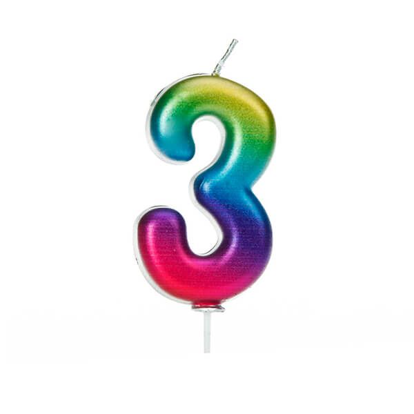 Anniversary House Age 3 Metallic Numeral Moulded Pick Candle Rainbow
