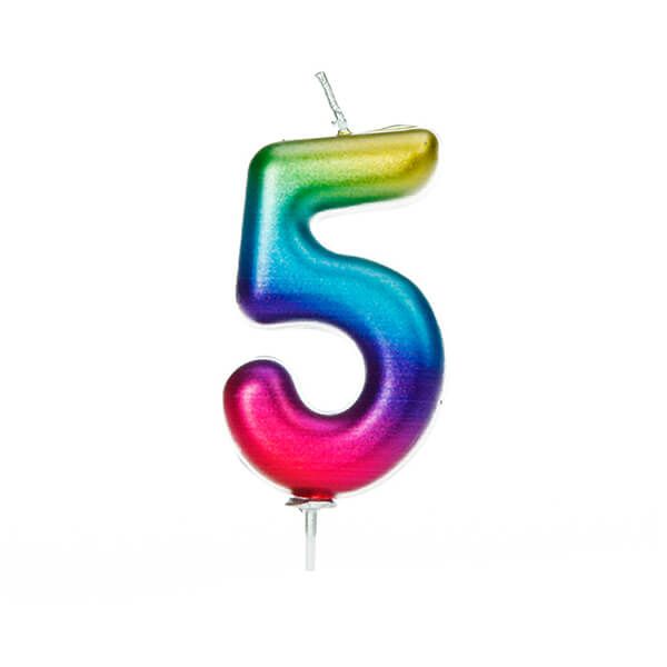 Anniversary House Age 5 Metallic Numeral Moulded Pick Candle Rainbow