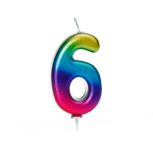 Anniversary House Age 6 Metallic Numeral Moulded Pick Candle Rainbow