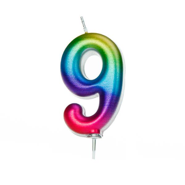 Anniversary House Age 9 Metallic Numeral Moulded Pick Candle Rainbow