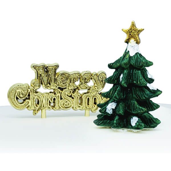 Anniversary House Green Tree Resin Cake Topper & Merry Christmas Motto
