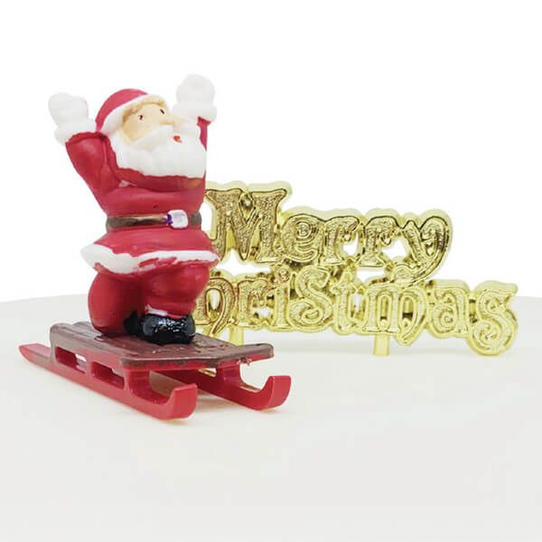 Anniversary House Father Christmas on Sleigh Plastic Cake Topper & Gold Motto