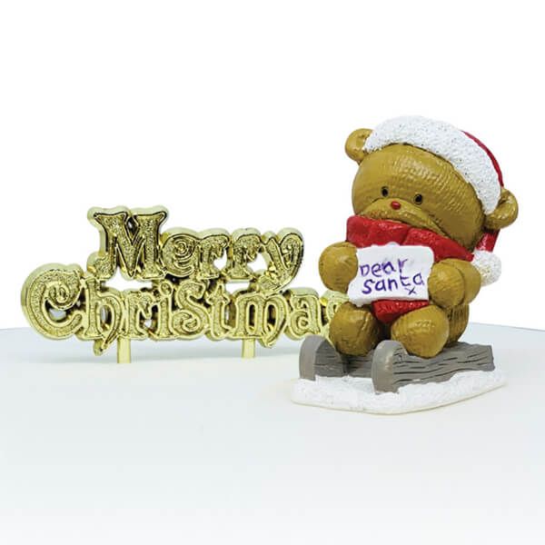 Anniversary House Dear Santa Teddy Bear Resin Cake Topper & Gold Motto