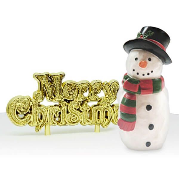 Anniversary House Traditional Snowman Resin Cake Topper & Gold Merry Christmas Motto