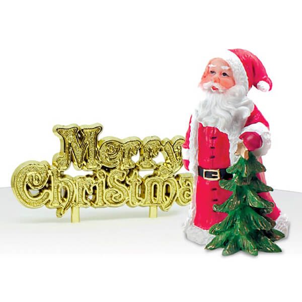 Anniversary House Santa with Tree Resin Cake Topper & Gold Merry Christmas Motto