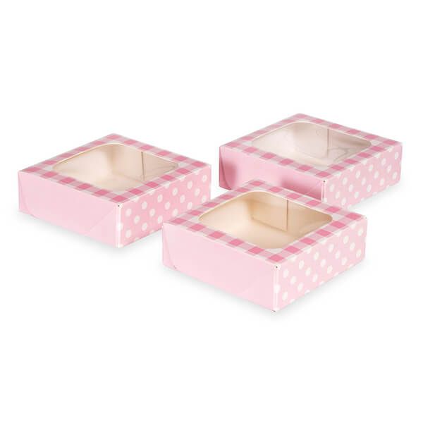 Anniversary House Pink Gingham Small Square Treat Boxes with Window Pack of 3