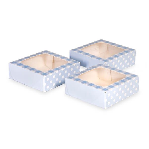 Anniversary House Blue Gingham Small Square Treat Boxes with Window Pack of 3