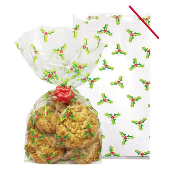 Anniversary House Holly Print Cello Bags With Twist Ties