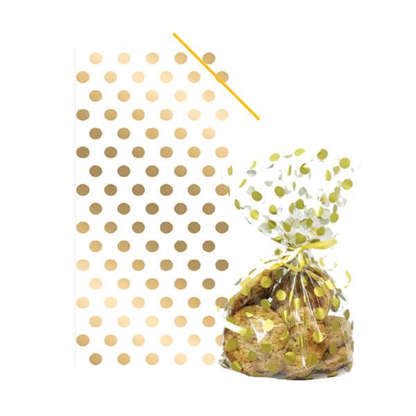 Anniversary House Gold Polka Dot Cello Bags with Twist Ties Pack of 20