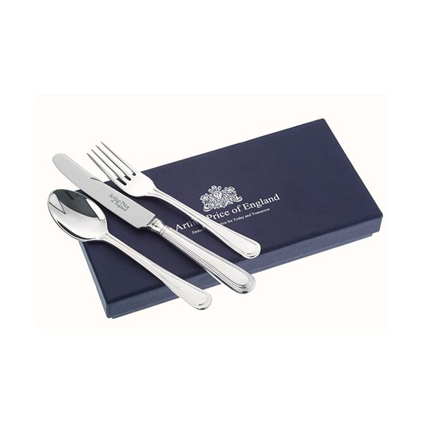 Arthur Price Of England 18/10 Stainless Steel Bead Design Childrens 3 Piece Cutlery Gift Box Set