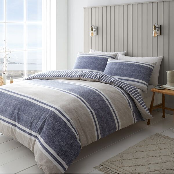 Catherine Lansfield Textured Banded Stripe Double Duvet Set Blue