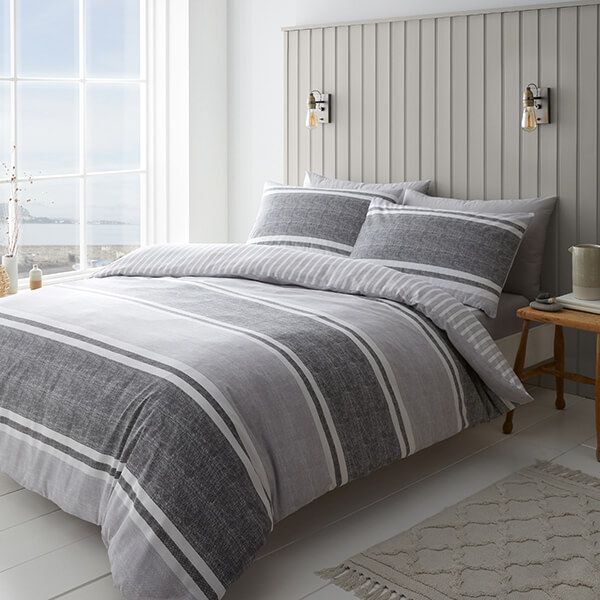 Catherine Lansfield Textured Banded Stripe Double Duvet Set Charcoal