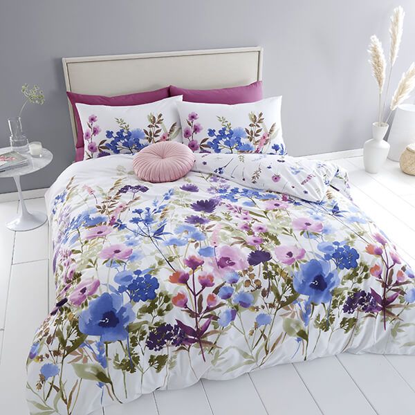 Catherine Lansfield Countryside Floral Double Duvet Set Pink Blue