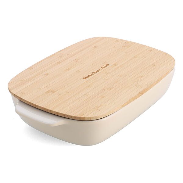 KitchenAid Almond Cream Large 32cm Stoneware Rectangular Dish with Bamboo Lid