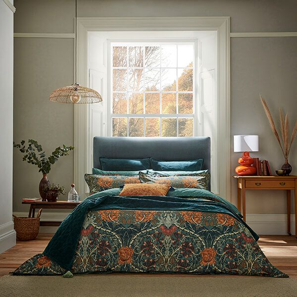 Morris & Co Honeysuckle and Tulip Duvet Cover Super King Size Mulberry and Teal