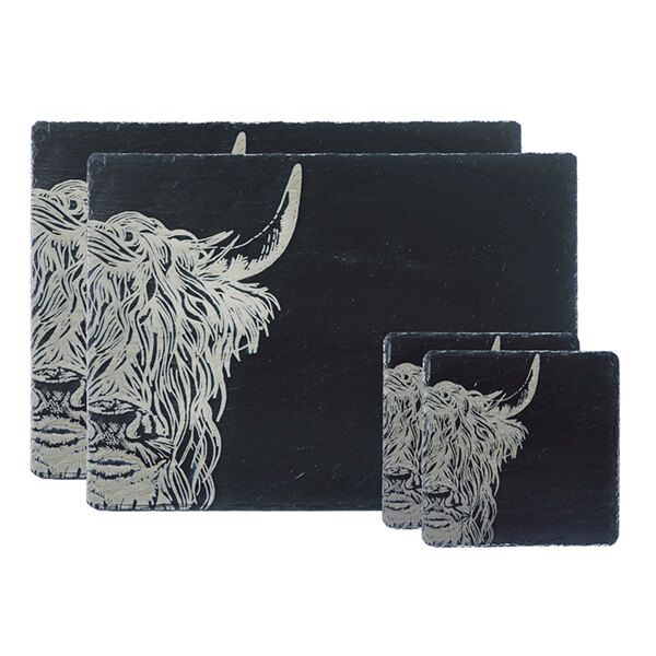 The Just Slate Company Highland Cow Slate Coaster & Placemat Set