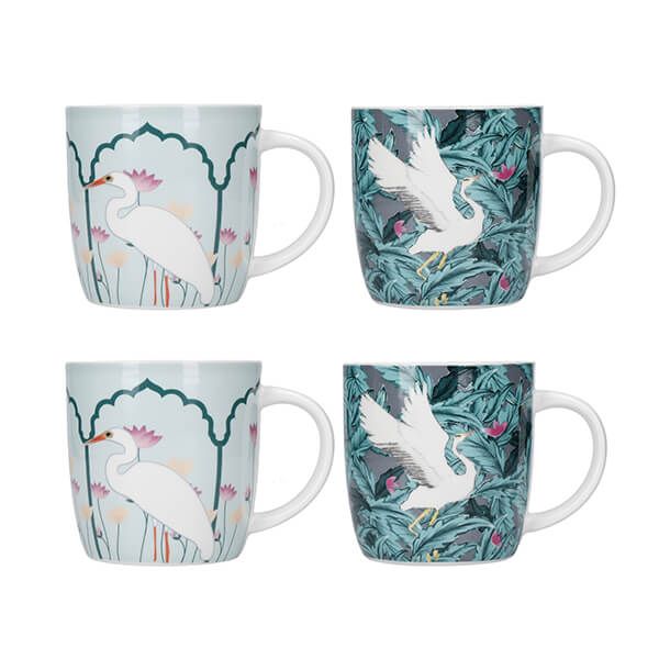POKCMFTD14 Tea or Coffee Cups KitchenCraft China 'Grey Floral' Footed Flower-Patterned Mugs 400 ml Grey / Pink Set of 4 Microwave & Dishwasher Safe 