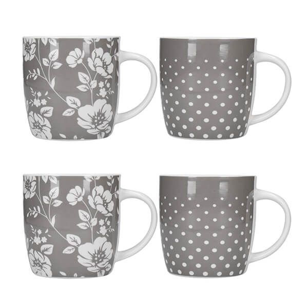 KitchenCraft Barrel Mug Set Of 4 Grey Dot Floral