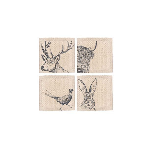 The Just Slate Company Set of 4 Country Animals Linen Coasters