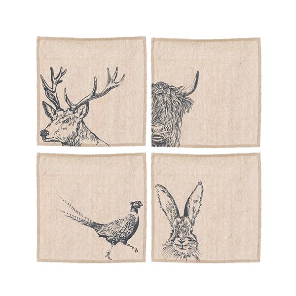 The Just Slate Company Set of 4 Country Animals Linen Napkins
