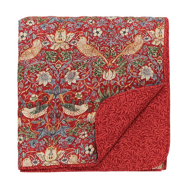 Morris & Co Strawberry Thief Quilted Throw Crimson