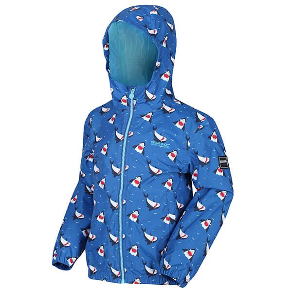 Regatta Kids Ellison Printed Lightweight Waterproof Hooded Jacket Nautical Blue