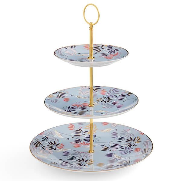 Sara Miller India Collection 3 Tiered Cake Stand Crane Garden Sky Blue