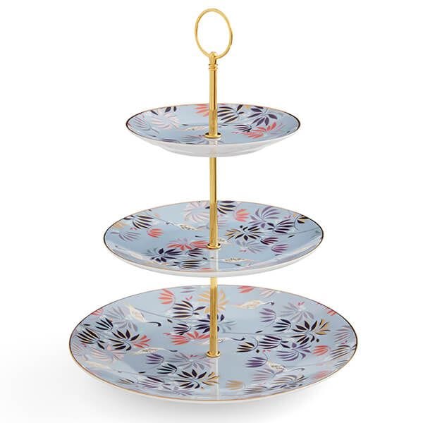 Sara Miller India Collection 3 Tiered Cake Stand Crane Garden Sky Blue