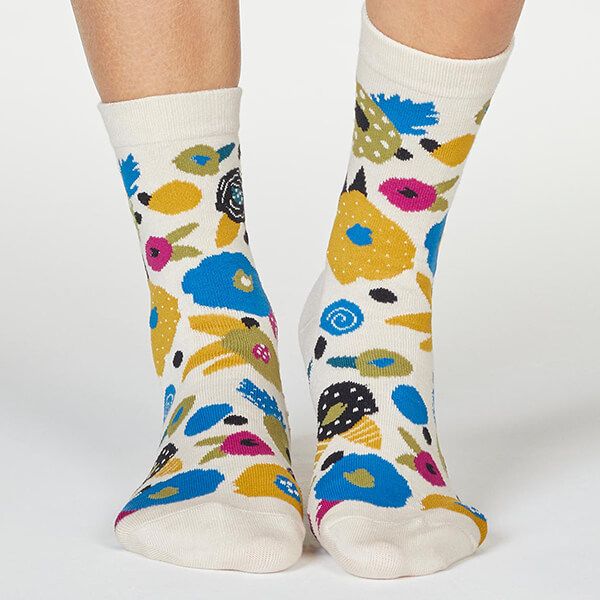 Thought Cream Viola Floral Bamboo Paintbrush Socks