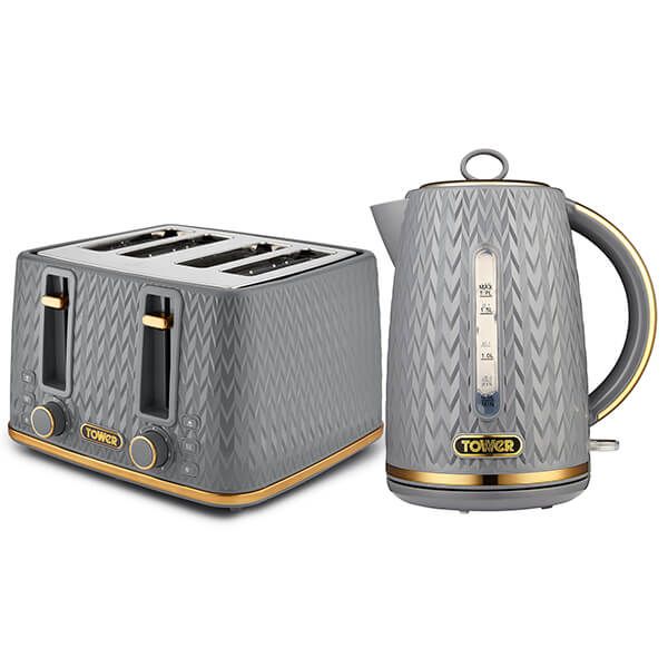 Tower Empire Kettle and 4 Slot Toaster Set Grey