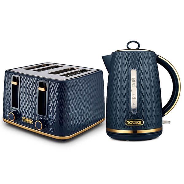 Tower Empire Kettle and 4 Slot Toaster Set Midnight Blue