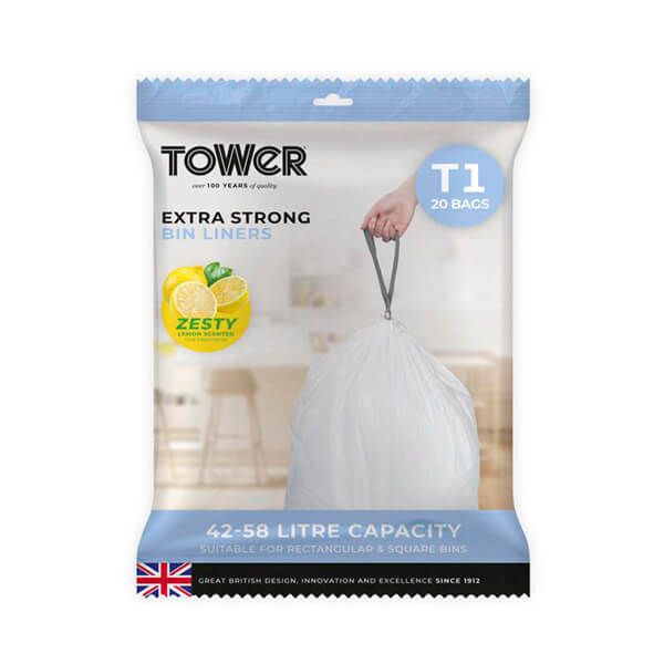 Tower 42-58L Lemon Scented Bin Liners 20pc/Pack