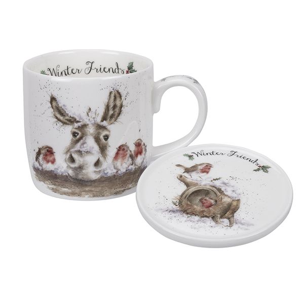 Wrendale Designs Fine Bone China Mug & Coaster Set Winter Friends Donkey & Robin