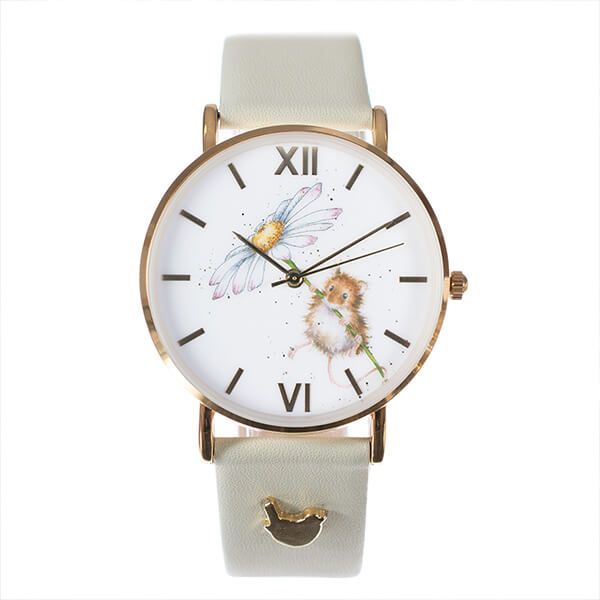 Wrendale Designs Mouse Watch Oops a Daisy Green Leather strap