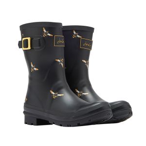 Joules Molly Black Metallic Bees Mid Height Printed Wellies