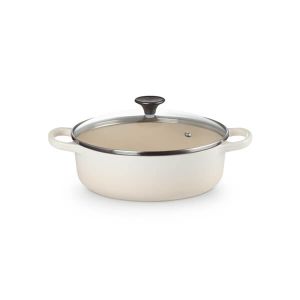 Le Creuset Meringue Cast Iron 24cm Shallow Casserole With Glass Lid 3.1L